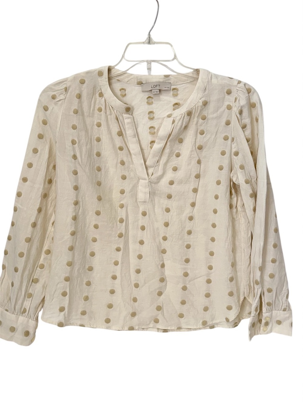 LOFT Cream no collar Blouse V-neck line Light Tan Polka Dots size SP - Picture 3 of 7